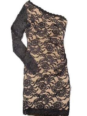 Bebe Black & Beige Overlay Lace One Shoulder Long Sleeve Dress (XS)
